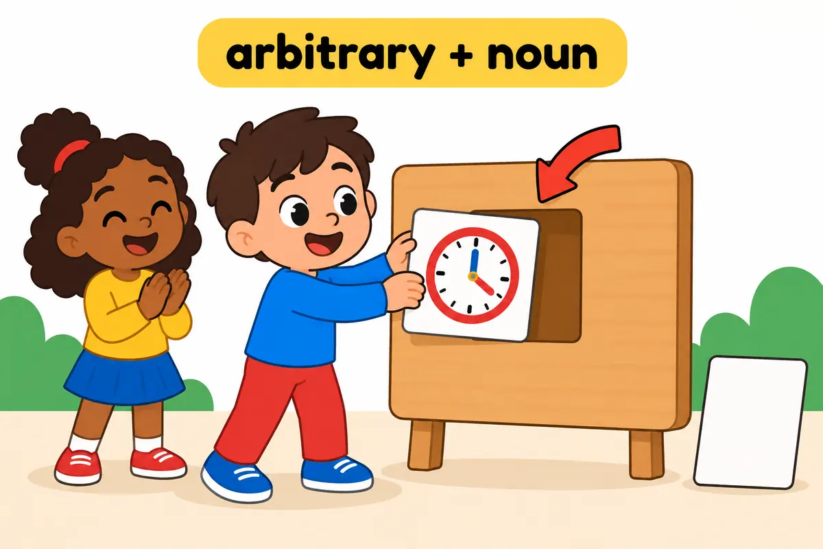 A child slides a clock picture card into a wooden board beneath arbitrary + noun, showing the adjective before the noun it describes.