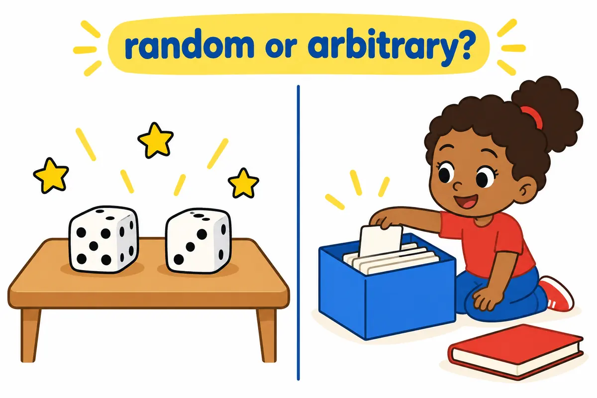 A cartoon split scene contrasts unrolled dice beside no hand on the left with a child choosing a card on the right.