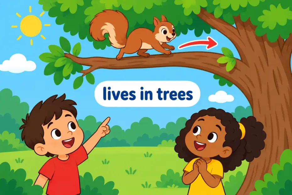 Cartoon children watch a squirrel run along a branch, showing arboreal in a sentence as living in trees.