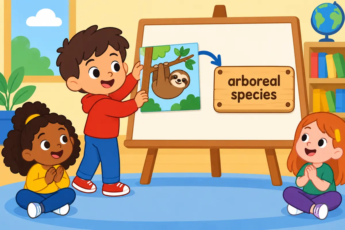Cartoon cards show an animal picture placed beside the label arboreal species to teach the adjective pattern.