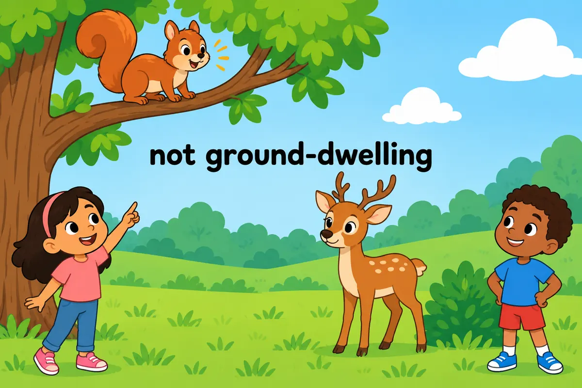 A single cartoon scene contrasts a squirrel on a branch with a deer on the grass, separating arboreal from terrestrial.
