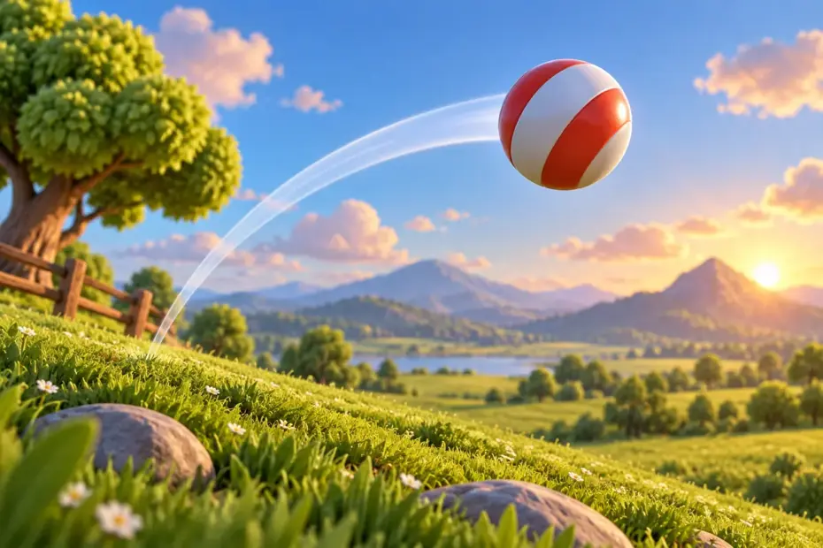 A ball moving along a curved path above a field.