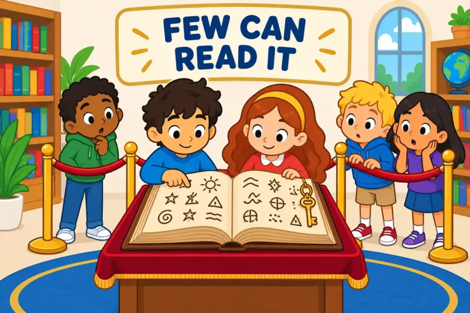 Cartoon children study a locked symbol-covered book while two insiders read it, showing arcane in a sentence as closed knowledge.