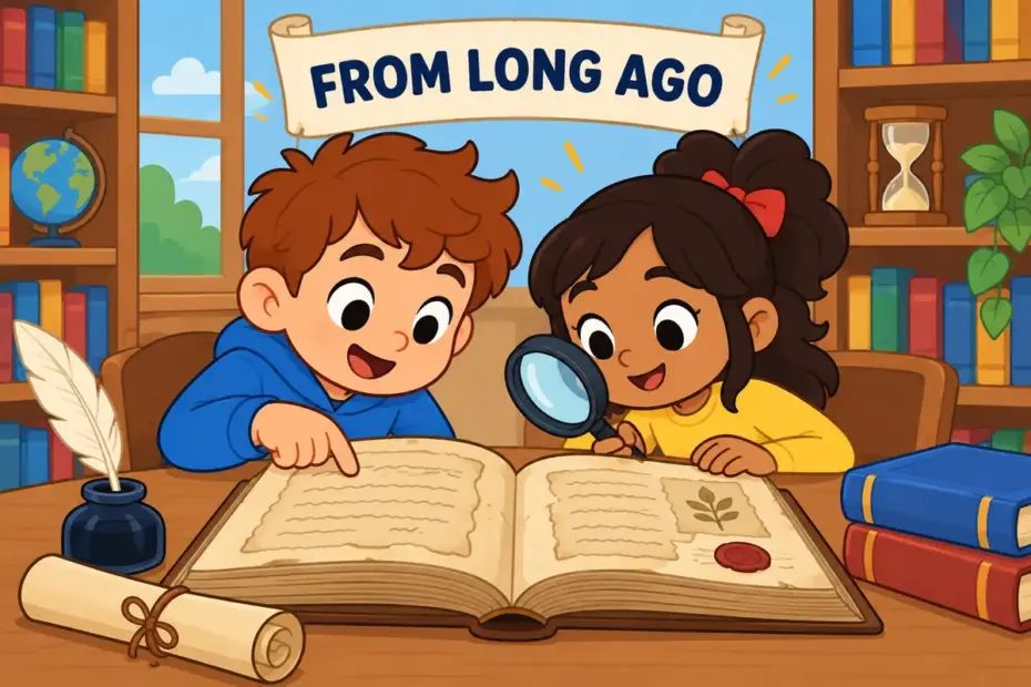 Cartoon children study an old spellings book, showing archaic in a sentence as language from an earlier age.