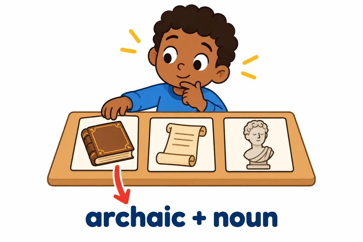 Three cartoon cards show an old book, a scroll and a statue joined to the pattern archaic plus noun.