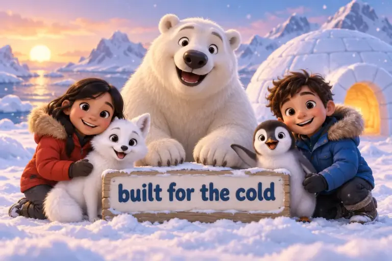 Cartoon arctic and polar animals, a polar bear, an Arctic fox and a penguin, stand on snow near a small igloo.