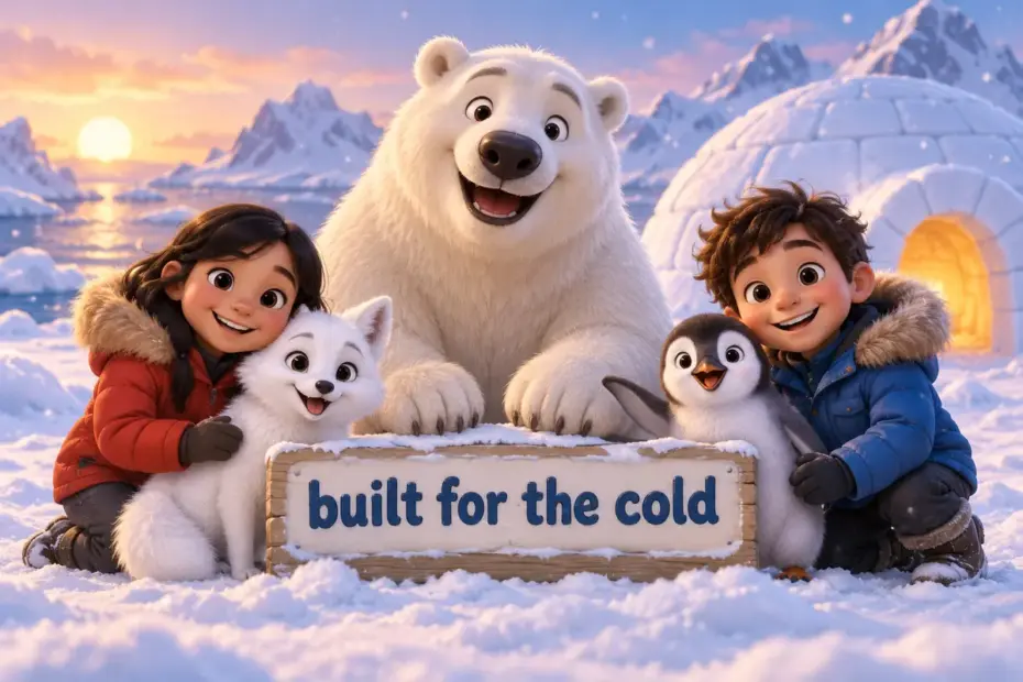 Cartoon arctic and polar animals, a polar bear, an Arctic fox and a penguin, stand on snow near a small igloo.