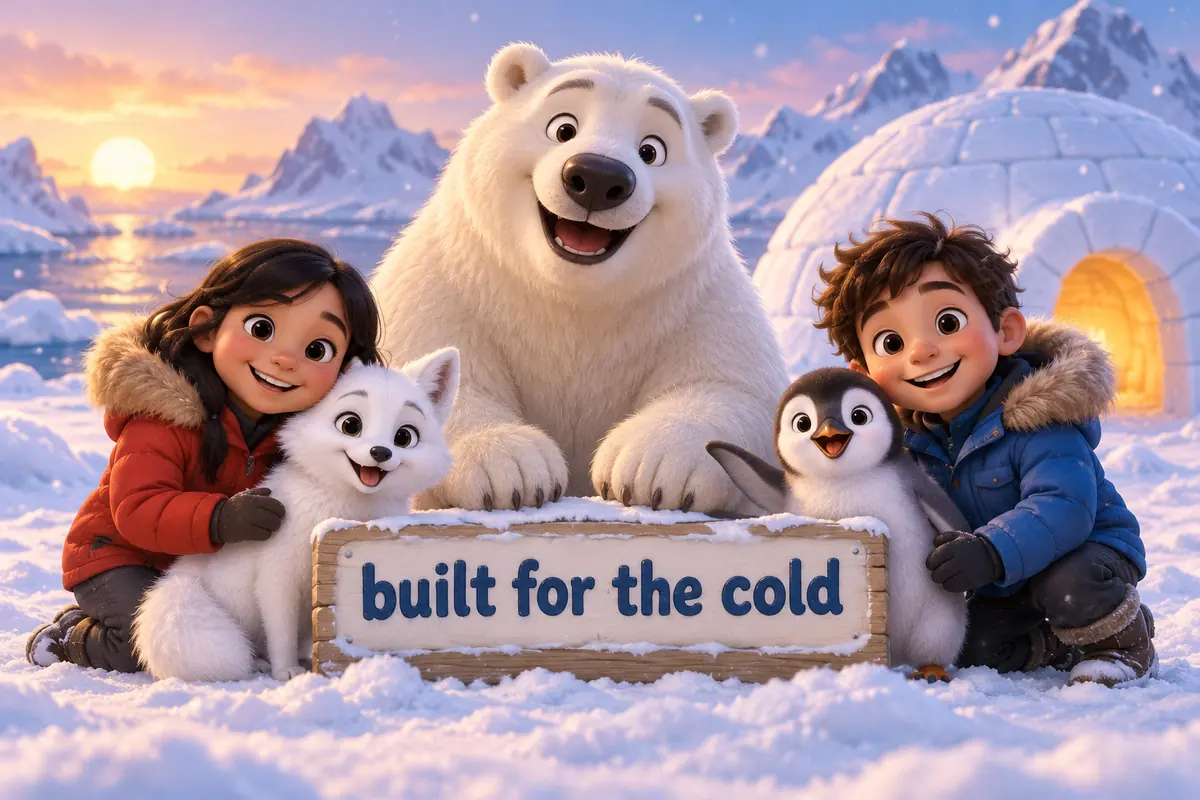 Cartoon arctic and polar animals, a polar bear, an Arctic fox and a penguin, stand on snow near a small igloo.