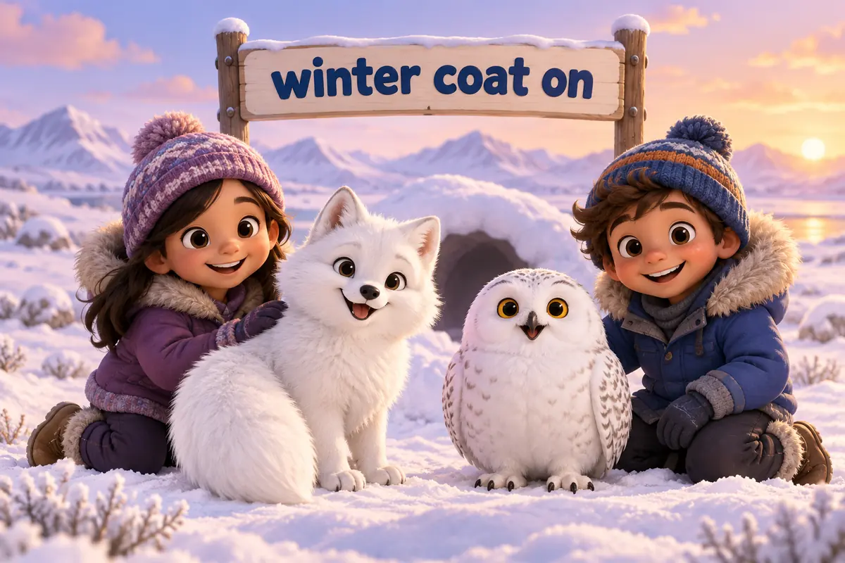 Cartoon Arctic fox and snowy owl stand on bright tundra snow beside a small den.