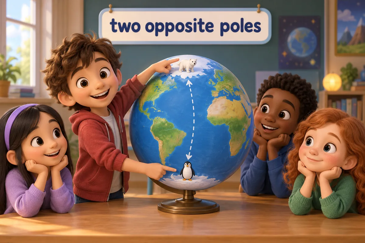A cartoon globe shows a polar bear at the top and a penguin at the bottom, far apart.