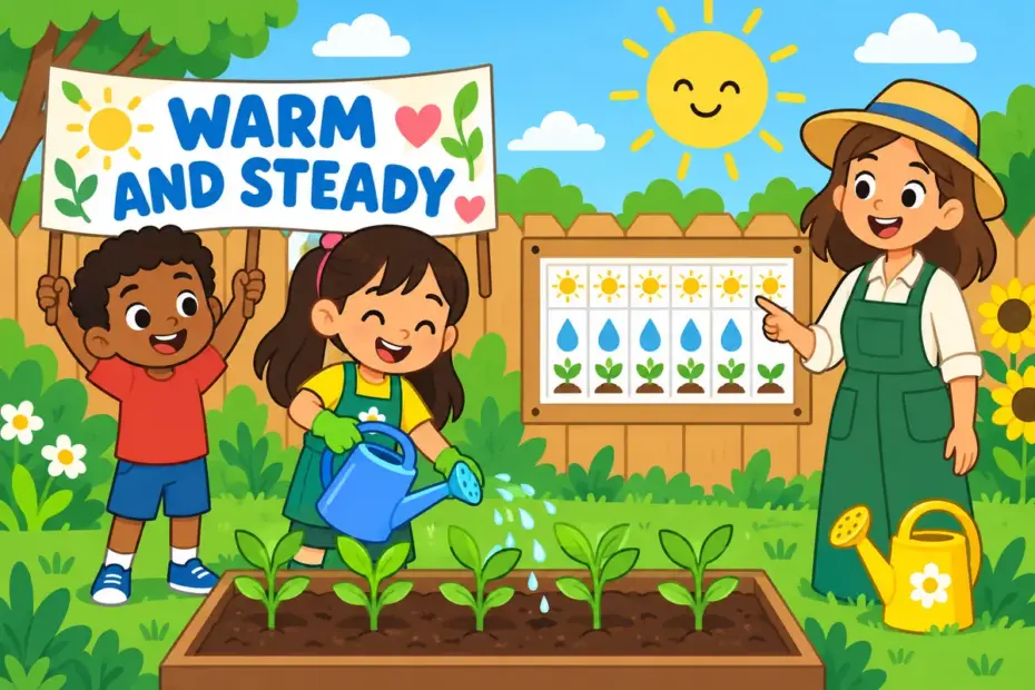 Cartoon pupils plant a school garden together, showing ardent in a sentence as warm, steady devotion.