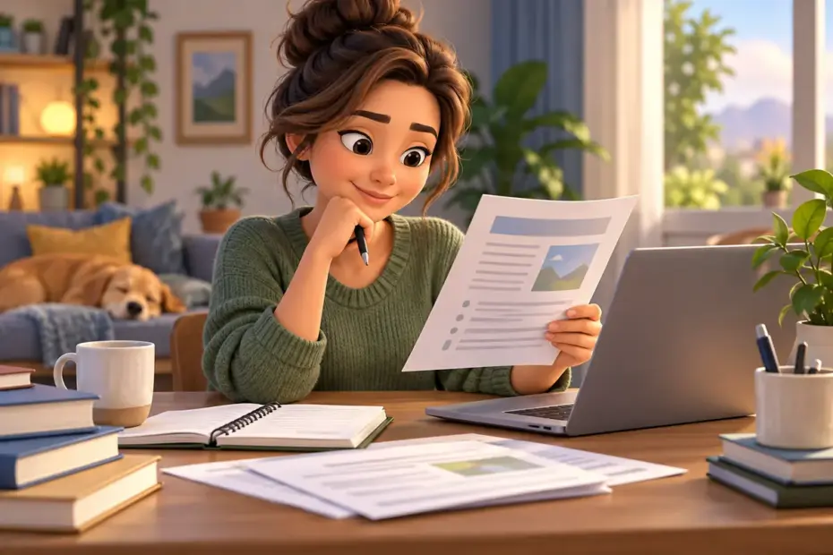 A parent examines course documents beside a laptop.