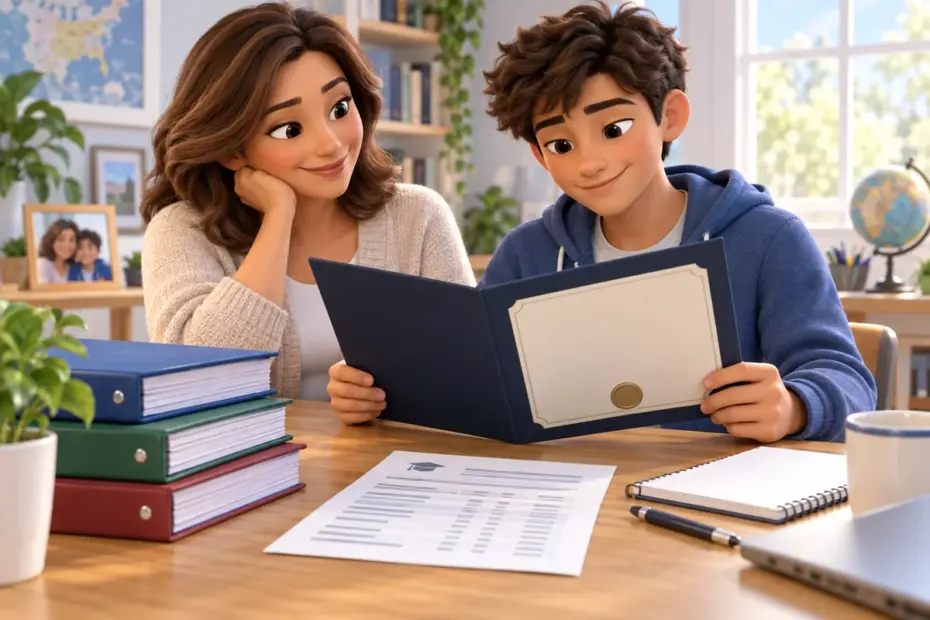 A parent and teen review a homeschool diploma and organized course records at a bright desk.