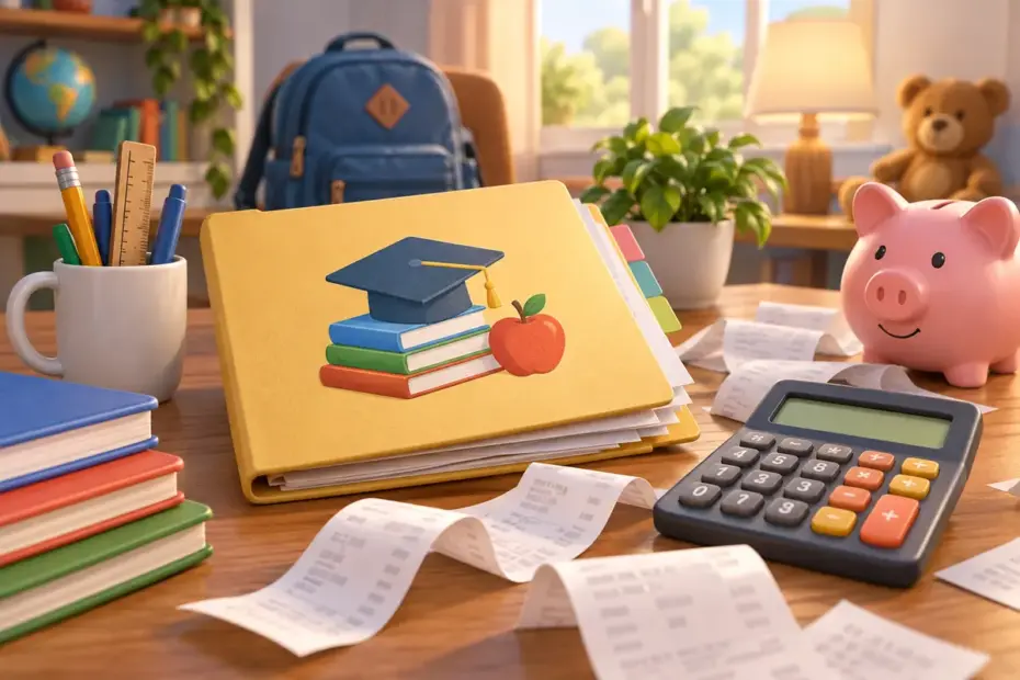 Receipts and a calculator lie beside a folder of school expenses.