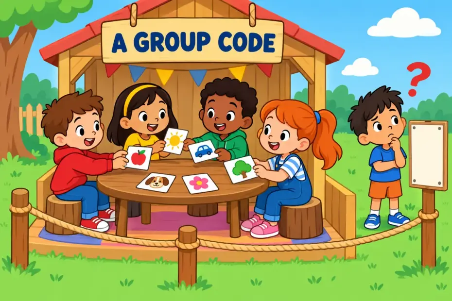 Cartoon children share a private set of word cards at a club table, showing argot in a sentence as a group code.