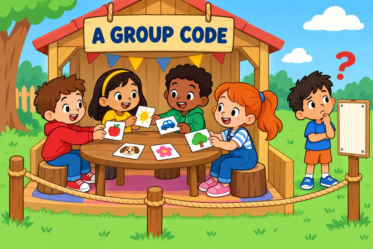 Cartoon children share a private set of word cards at a club table, showing argot in a sentence as a group code.