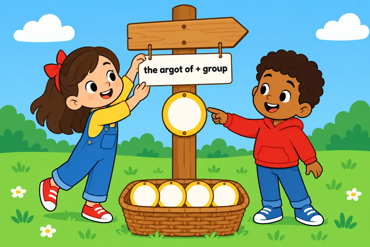 Cartoon children hook a word card onto a signpost labelled with a blank group badge, showing the argot of a group pattern.