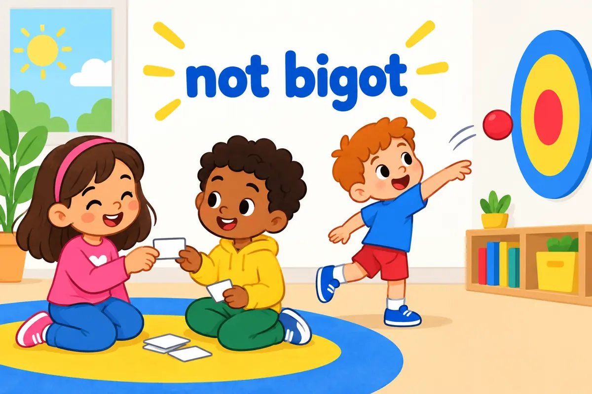 A single scene contrasts children swapping private word cards with a child aiming at a target, keeping argot apart from bigot.