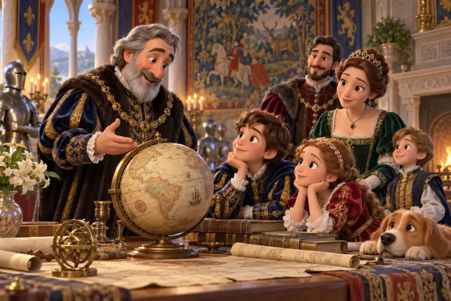 A historical noble household gathers in an ornate manor hall.