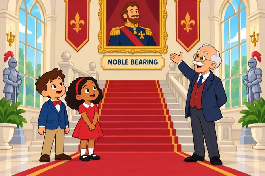 Cartoon children visit a grand old hall with tall windows, showing aristocratic in a sentence as noble, stately style.