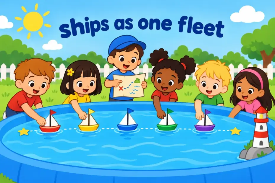Cartoon children arrange many toy sailboats in a long line across a paddling pool to show what an armada is.