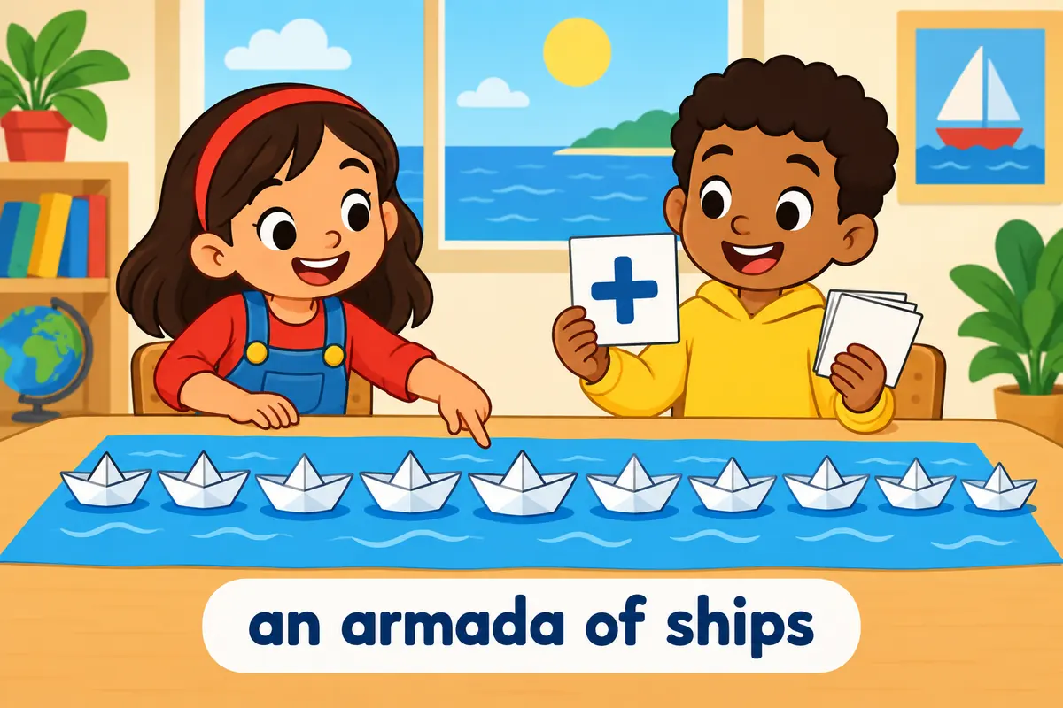 Cartoon children line up many paper boats in neat rows to show the pattern an armada of plus a plural noun.