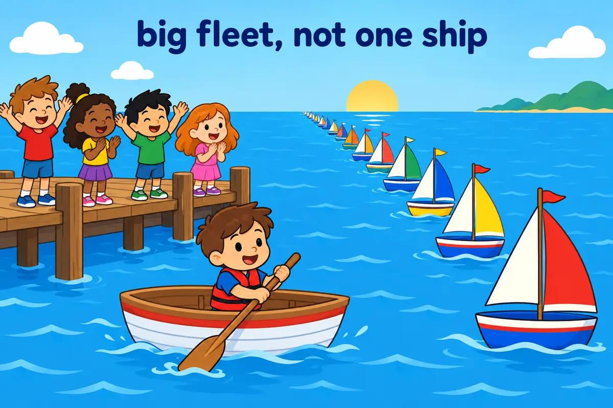 A cartoon single scene contrasts one small rowing boat with a huge line of warships to teach armada against fleet.