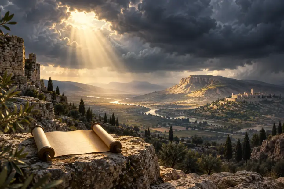 A symbolic valley and dramatic sky evoke an ancient apocalyptic literary reference.