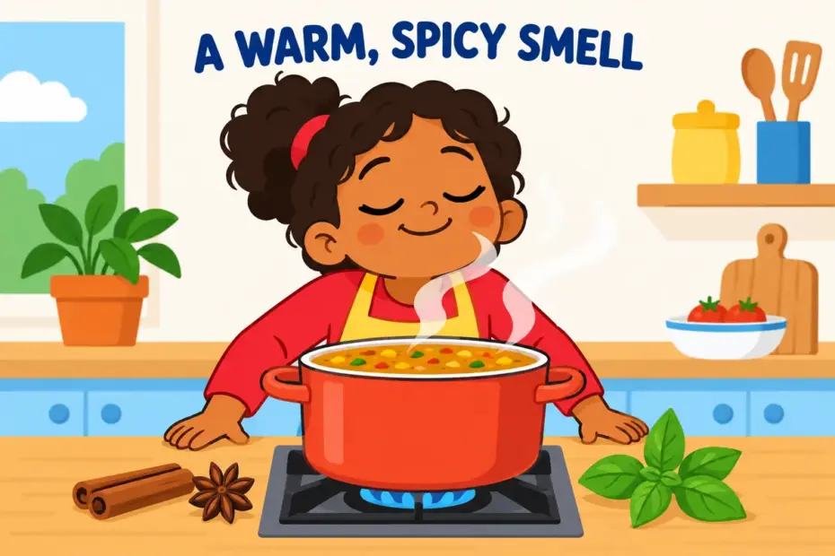 Cartoon child breathes in steam from a pot of spicy herbs, showing what aromatic means in a sentence.
