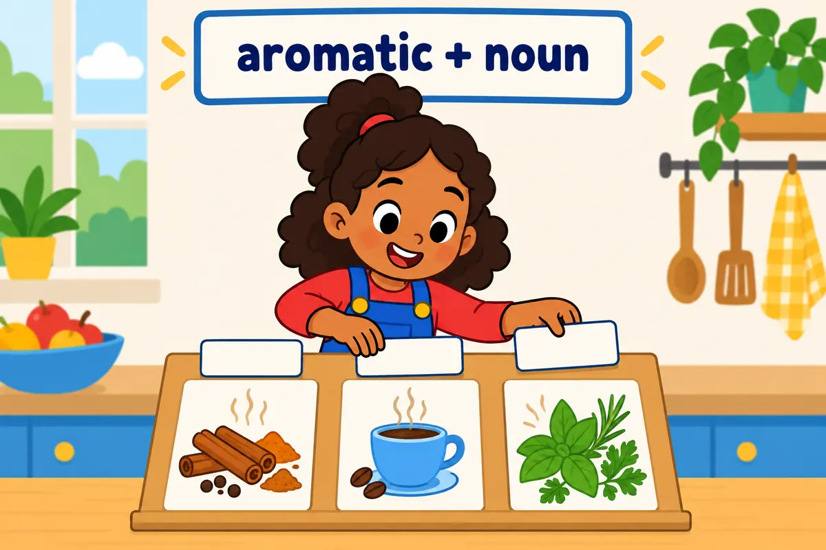Cartoon child slides word cards reading aromatic in front of pictures of spices, coffee and herbs.