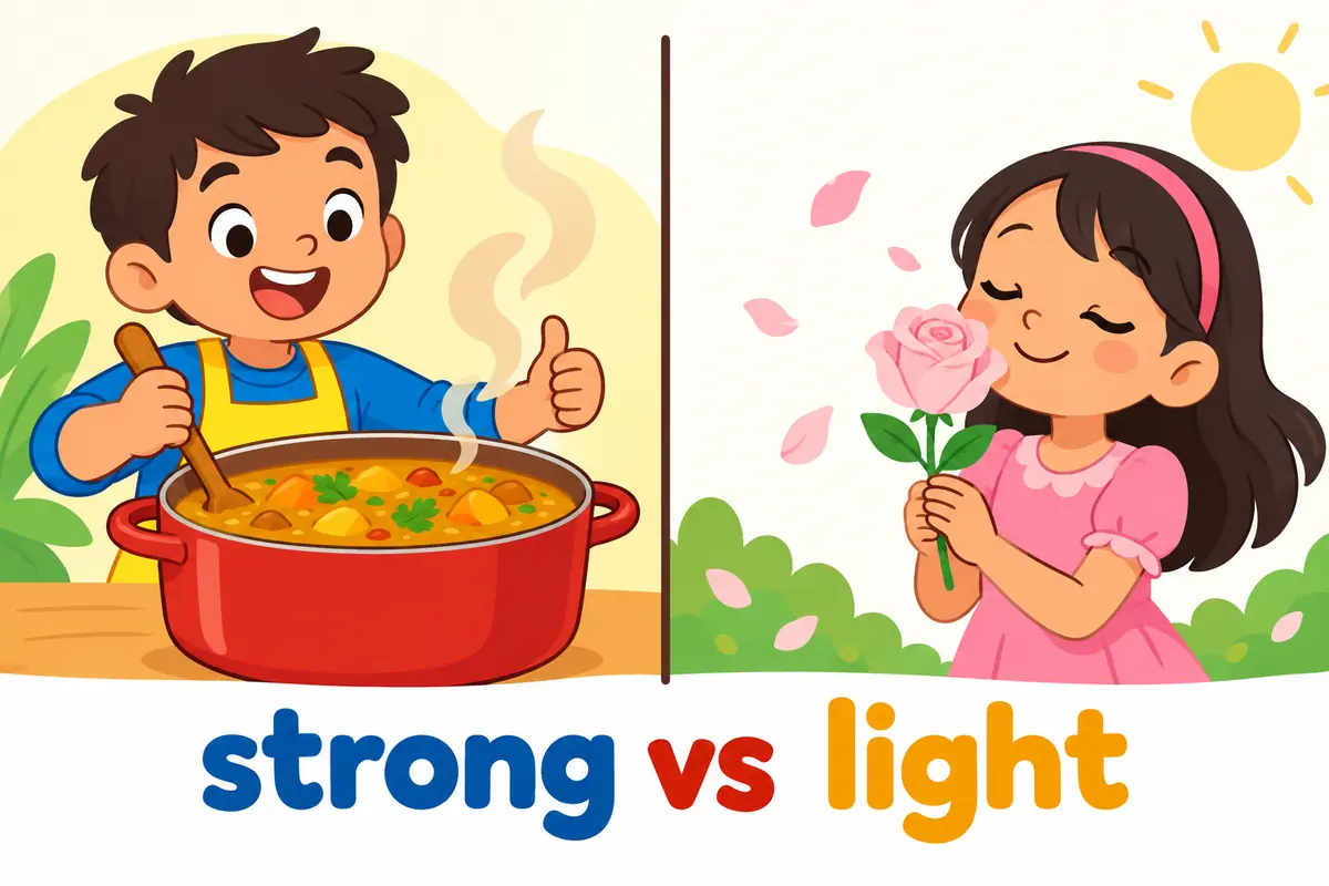 A cartoon split scene contrasts a steaming pot of spiced curry with a single pale rose.
