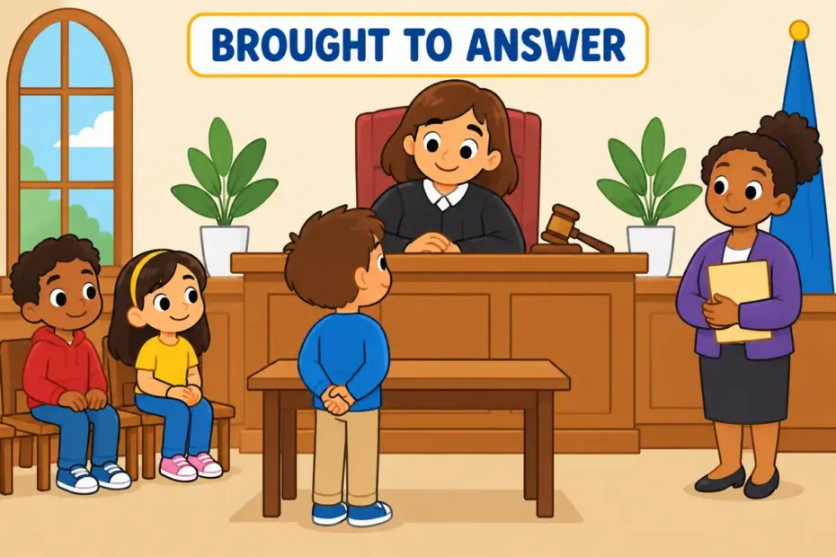 Cartoon pupils watch a child stand before a friendly judge to answer a classroom charge, showing arraign in a sentence.