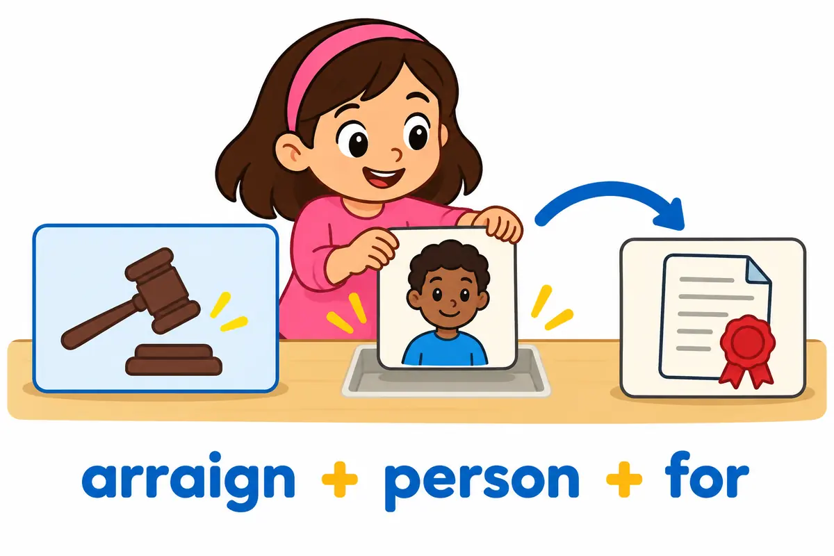 A cartoon diagram shows a defendant card placed after the verb arraign and a charge card joined by a for-arrow.