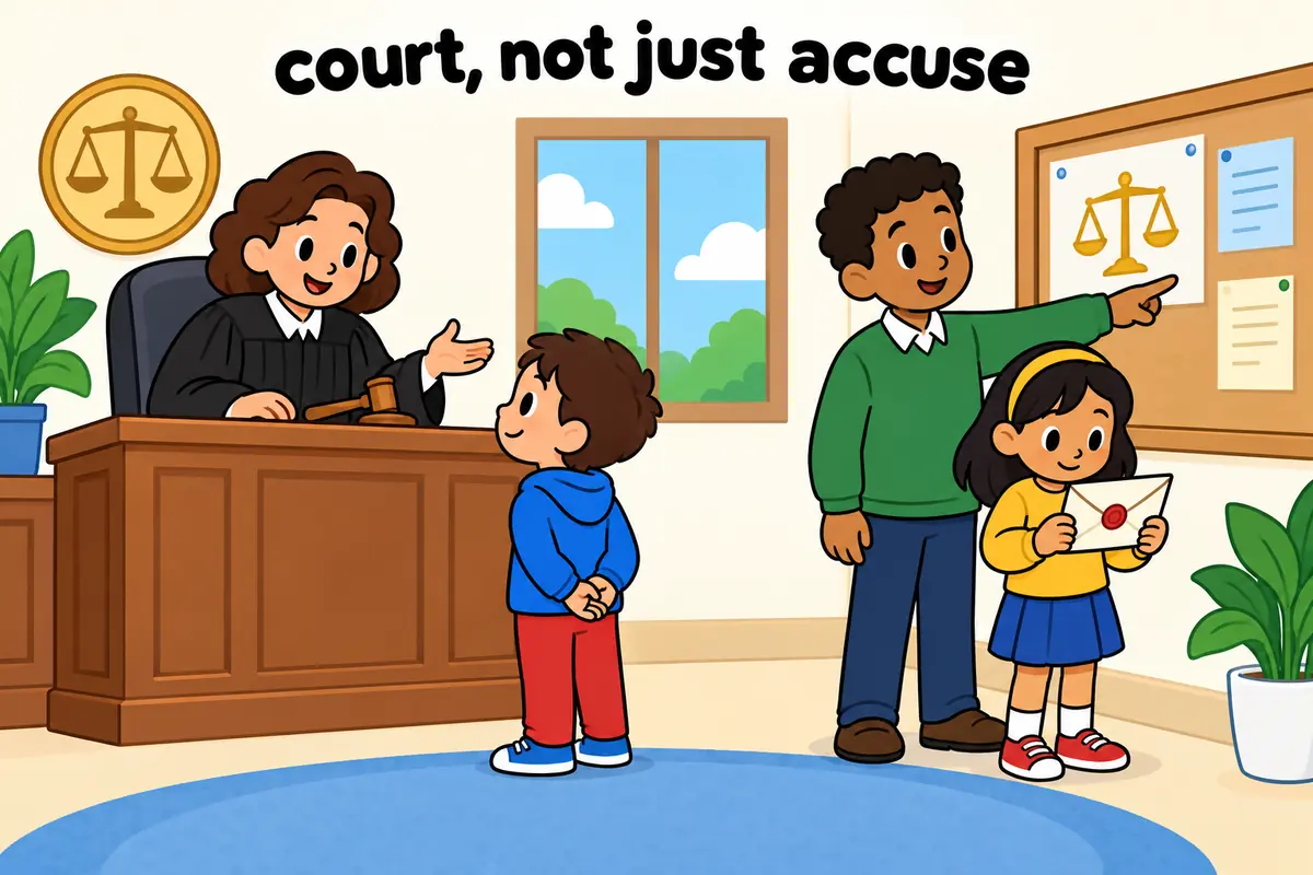 A cartoon single scene contrasts a child standing before a judge with an adult simply pointing and naming an accusation.