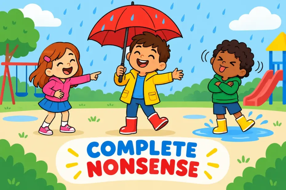 Cartoon children watch an arrant in a sentence claim as a boy tries to dry an open umbrella in the rain.