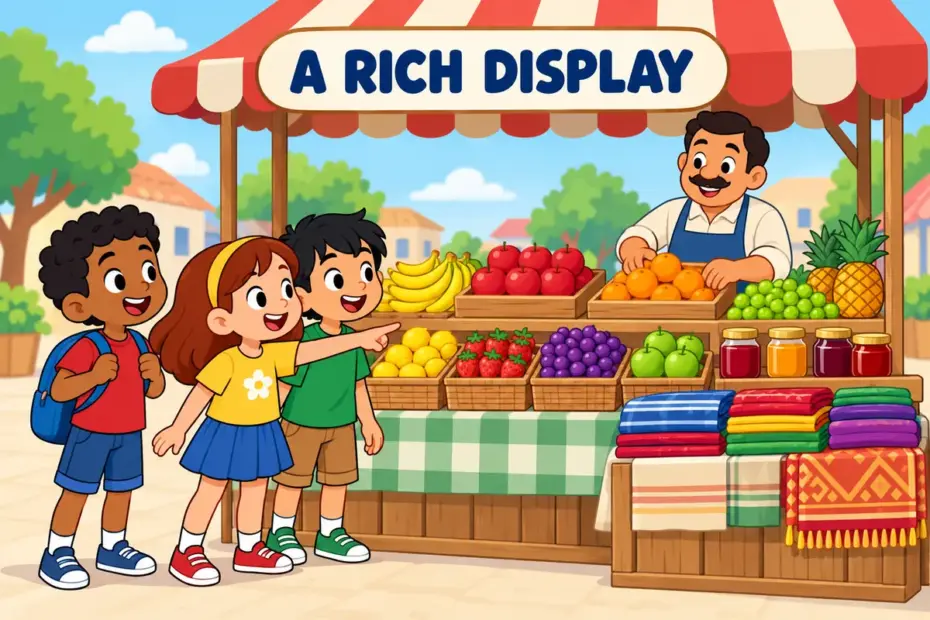 Cartoon children admire a market stall holding an array of colourful fruit and jars, showing array in a sentence as an impressive display.