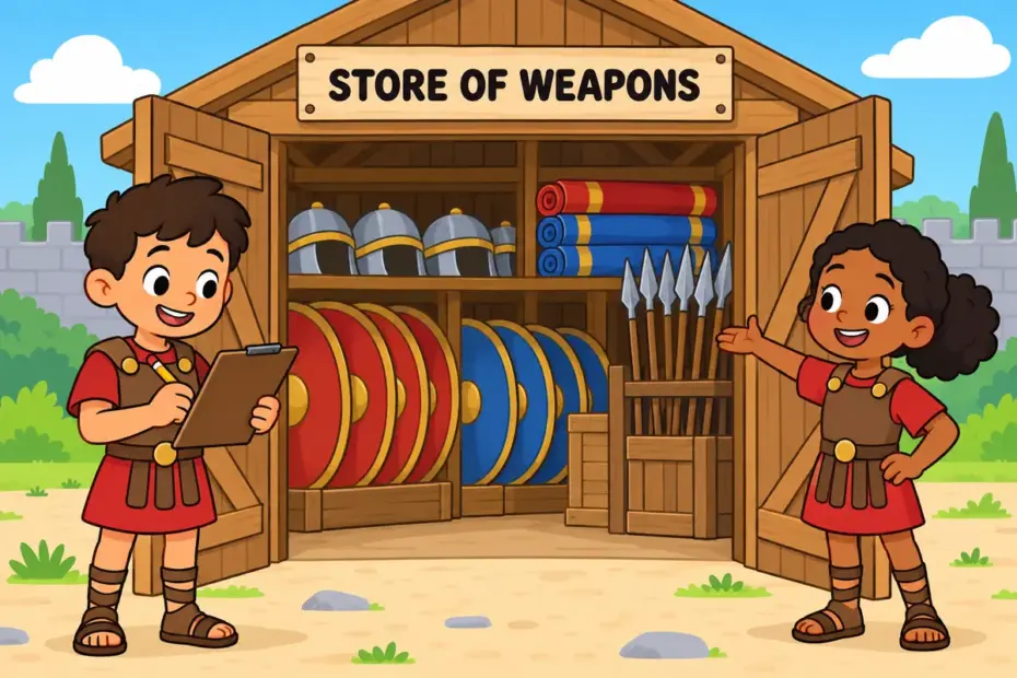 Cartoon guards stand beside a storehouse of neatly stacked shields, showing arsenal in a sentence as a weapons store.