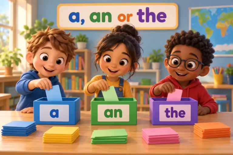 Cartoon children sort word cards labelled a, an and the into three boxes, showing articles a an the with uses.