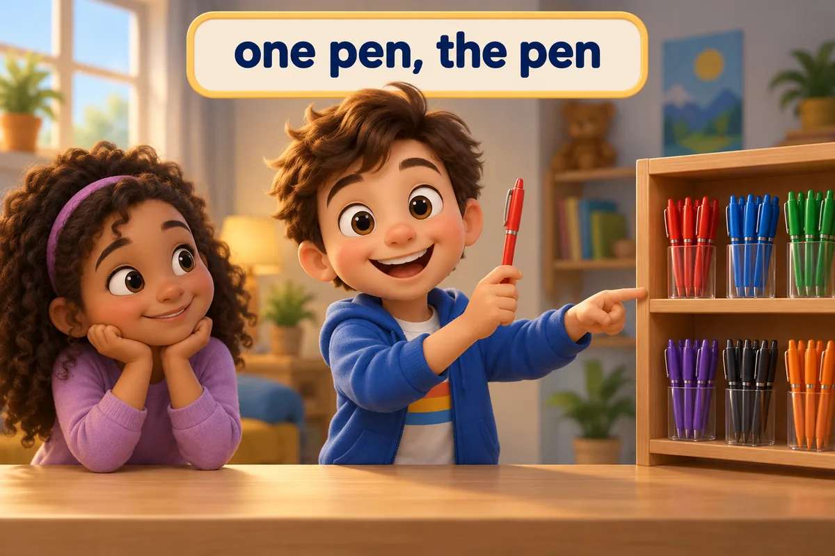 A cartoon child holds one red pen and points to a shelf of many pens while a friend listens.