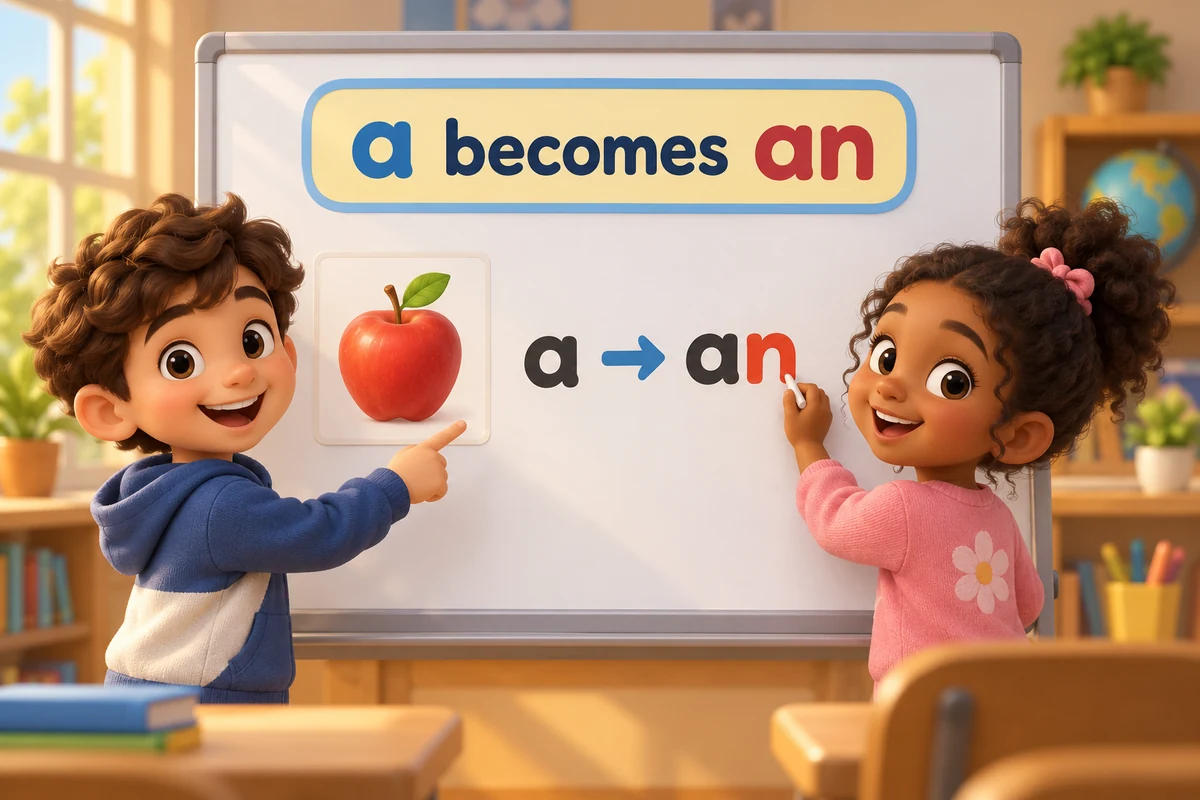 A cartoon child corrects the word a to an on a whiteboard in front of a vowel-sound picture.