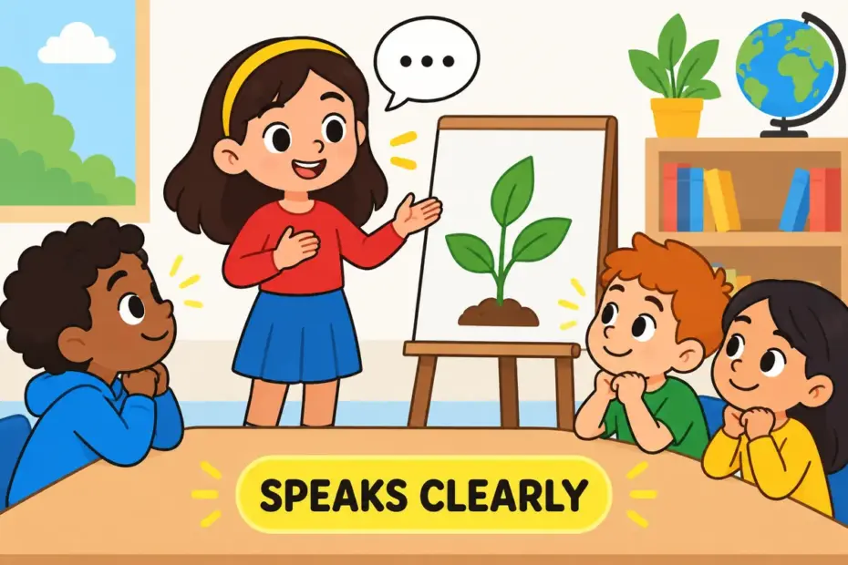 Cartoon girl explains a drawing to classmates who nod, showing articulate in a sentence as clear expression.