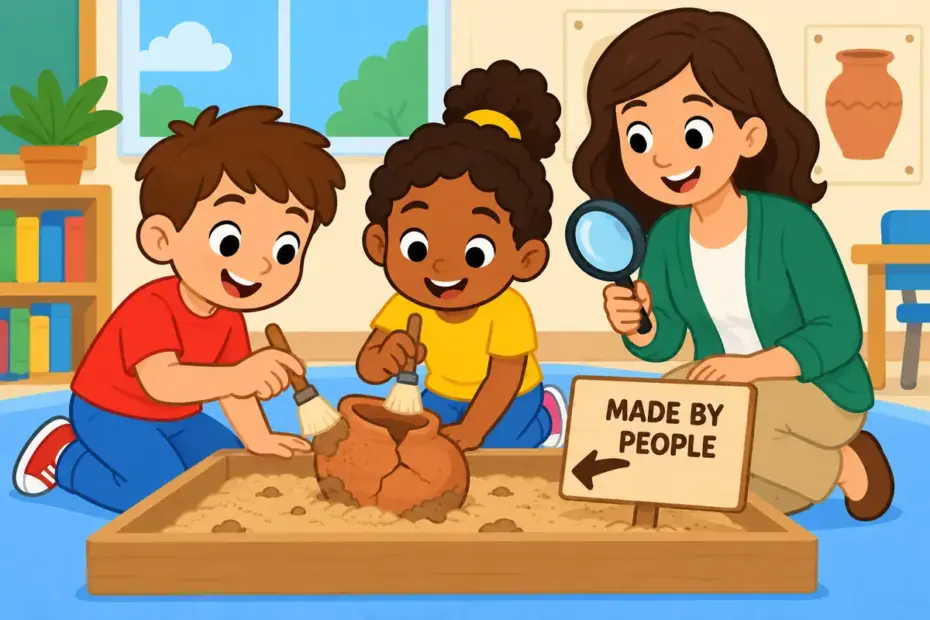 Cartoon children brush soil from an old clay pot in a sand tray, showing artifact in a sentence as a made object.