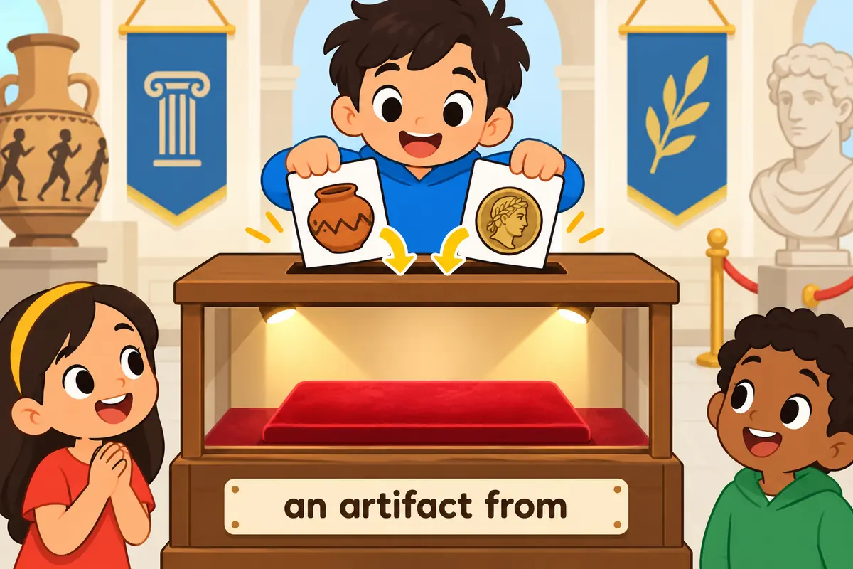 A cartoon child places picture cards of a pot and a coin into a slot labelled an artifact from.