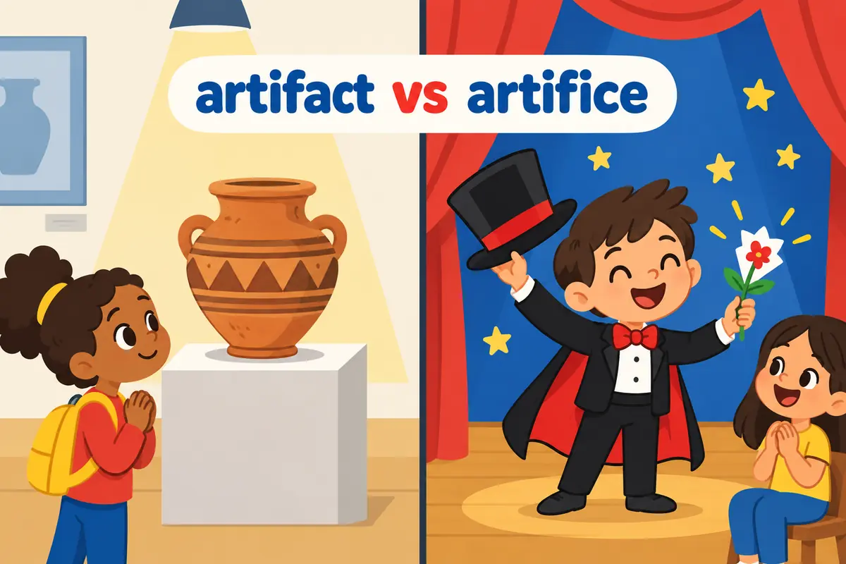 A cartoon split scene contrasts a real clay pot on one side with a child performing a clever magic trick on the other.