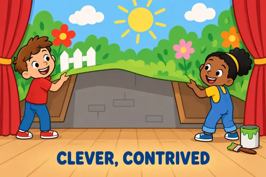 Cartoon children lift a painted screen to reveal a plain scene behind it, showing artifice in a sentence as a clever contrivance.