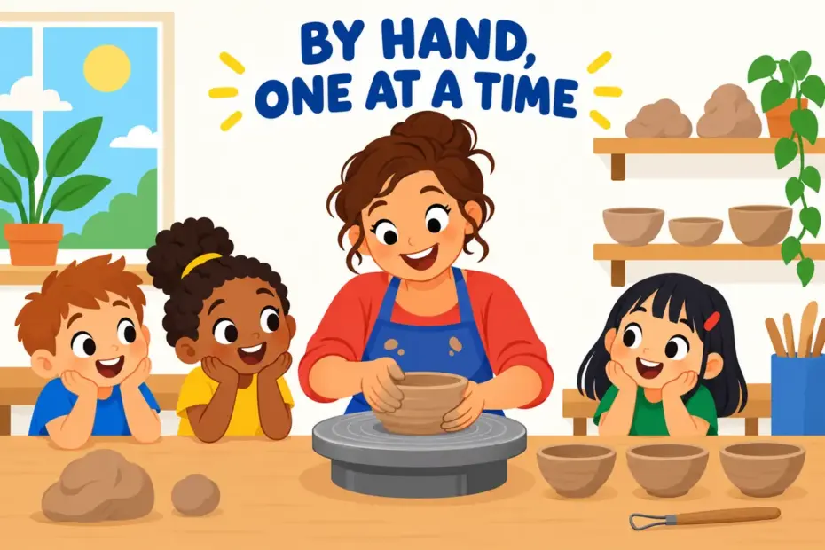 Cartoon children watch an artisan shape a clay bowl on a workbench, showing artisan in a sentence as a skilled hand-maker.