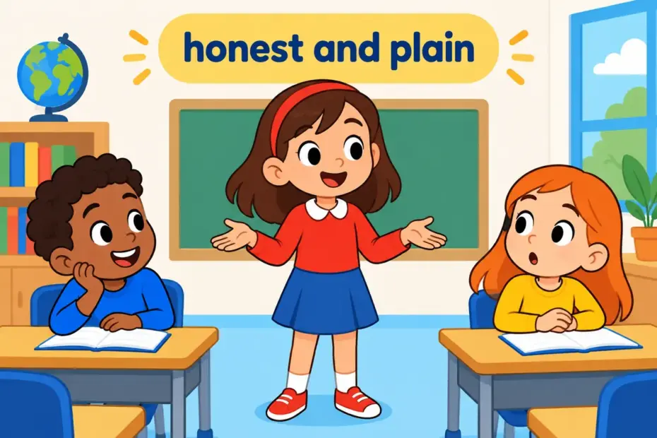 A cartoon girl gives a straightforward answer while classmates look surprised, showing artless in a sentence as sincerity.