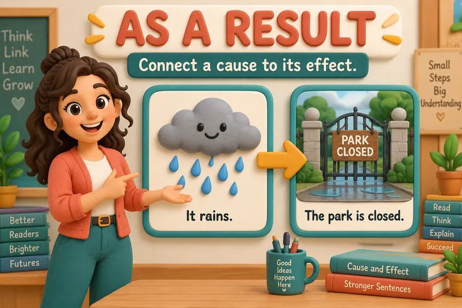 As a result connects a cause to its effect.
