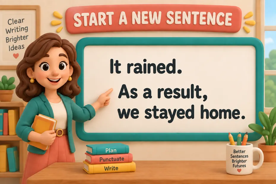 Start a new sentence: It rained. As a result, we stayed home.