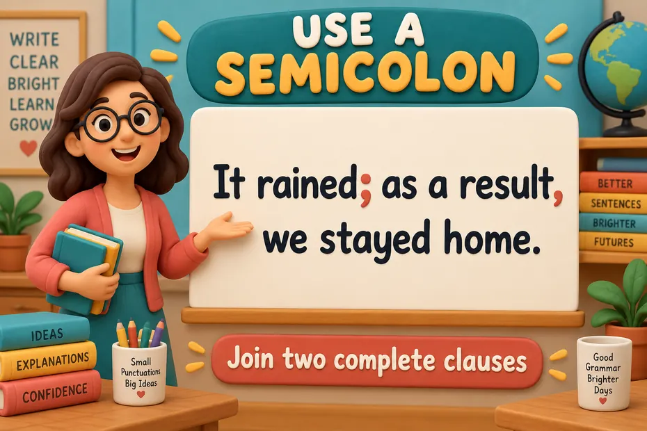 Use a semicolon to join complete clauses: It rained; as a result, we stayed home.